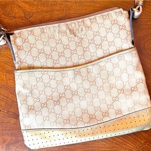 Gucci Beige Monogram Crossbody Bag with Brown Trim